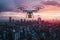 Efficient cityscape with electric drone delivering parcels through air