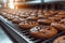Efficient cookie manufacturing Chocolate cookies processed on industrial production line