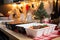 Efficient holiday cooking Hot orders in disposable boxes in a festive kitchen