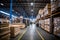 Efficient storage facility. Immaculately arranged stacks of wooden beams in a spotless warehouse