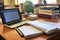 An efficiently organized workspace with a laptop computer placed on top of a wooden desk, An organized teacher\\\'s desk