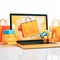 Effortless online shopping paper bag on laptop, seamless experience