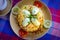 Egg Biryani - Basmati rice cooked with masala, eggs and spices, overhead view, close up. Egg Pilaf or Pulao served with vegetables
