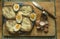 Egg with bread and butter on dirty table