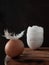 Egg and broken eggshell on wooden background. Feather on the egg. Close Up, Vertical orientation. Copy space