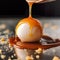 Egg with caramel sauce. Beautiful egg composition with caramel drops