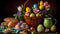 Egg-citing Easter Decor: Tulips and Colorful Eggs in a Garden Setting- ai generated