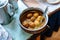 Egg curry in stainless steel bowl is a lunch of hotel in winter at Lachen. North Sikkim, India