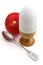 Egg in eggcup, a teaspoon and tomato