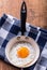 Egg. Fried egg. Chicken egg. Close up view of the fried egg on a frying pan. Salted and spiced fried egg