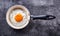 Egg. Fried egg. Chicken egg. Close up view of the fried egg on a frying pan. Salted and spiced fried egg