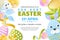 Egg hunt Easter horizontal banner template. Holiday poster or flyer layout. Vector 3d paper cut style illustration