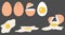 Egg isolated on a black background. A whole egg, a broken egg. Omelette. Vector illustration