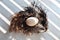 Egg lies on ostrich feathers, backlight, natural wood background