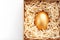 Egg made of gold in a wooden box on a white background. The concept of exclusivity and superprize. Minimalistic composition