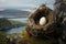an egg in a nest perched on a cliff edge