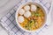 Egg Noodles with Fish Balls, Clear Soup Noodles in White Cups