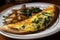 Egg omelette with cheese and herbs in a white plate with fried potatoes on the dinner or breakfast table