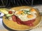 Egg sandwich luch meal bread with vegetables and beef