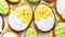 Egg shaped iced sugar cookies. Easter chickens butter biscuits. Funny ideas of Easter decoration with children. Easter greeting
