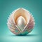 Egg shaped pearl in seashell on blue background. Eater design element