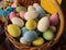 Egg shaped sugared candy stuffed with chocolate  in a pastry shop. They are prepared for spring and easter season