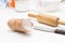 Egg shell overlap broken and wooden rolling pin and Spatula