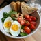 Egg, strawberries, tomato and bread in a bowl