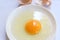 Egg yolk and egg shells on white isolated background.