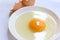 Egg yolk and egg shells on white isolated background.