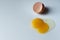 Egg yolk and protein on a white background, next to a chicken shell
