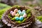 Eggcellent Easter Nest. A nest crafted from twigs, moss, and feathers, adorned with speckled eggs of different sizes and