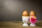 Eggcup and boiled eggs, on wooden table.