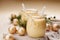 Eggnog alcoholic beverage served with cinnamon or nutmeg. Traditional drink often served during Christmas