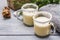 Eggnog cocktail in two glasses mug arranged with christmas decoration on light wooden table. Evergreen fir tree branch, gift, cozy