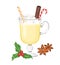 Eggnog in glass with christmas candy cane, straw and cinnamon stick isolated on white. Vector illustration of sweet winter drink