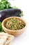 Eggplant baba ganoush and ingredients isolated