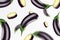 Eggplant background. Flying or falling eggplants isolated on transparent background. Can be used for advertising, packaging,