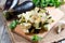 Eggplant cubes on a cutting board