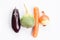Eggplant, green radish, carrot, leek with cartoon eyes on white background