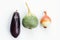 Eggplant, green radish and leek with cartoon eyes on white background