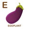 Eggplant icon with letter E. Cartoon style object. Vector Illustration