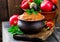 Eggplant paste in a ceramic pot