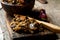 Eggplant paste in a wooden bowl