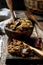 Eggplant paste in a wooden bowl