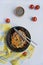 Eggplant, pepper and carrot salad. Korean eggplant salad. White background. Vegetarianism. View from above. Copy space. Flat lay