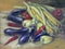 Eggplant, peppers and corn. Still life oil painting on canvas.