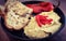 Eggplant salad with baked peppers, bread and sliced tomato