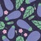 Eggplant seamless pattern. Ripe eggplant with leaves and flowers on shabby background.