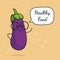 Eggplant with speech bubble. Balloon sticker. Cool vegetable. Vector illustration. Eggplant clever nerd character. Healthy food co